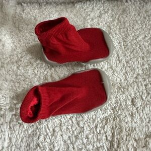 Red Baby Booties with Gray Soles never worn